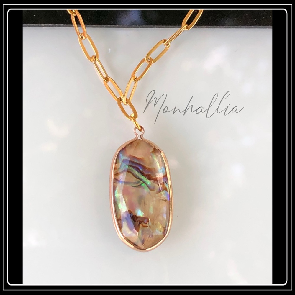 NEW 14K GOLD STEEL OVAL ABALONE MOTHER of PEARL PAPERCLIP CHAIN PENDANT NECKLACE